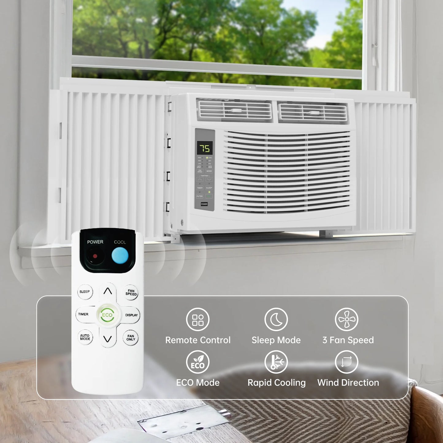 6000 BTU Window Air Conditioner Cool to 250 Sq Ft Intelligent, Led,Remote Control, Easy to Clean Filter Screen, Can Be Used as a Dehumidifier/Fan, Operates Quietly, and Is Energy-Saving