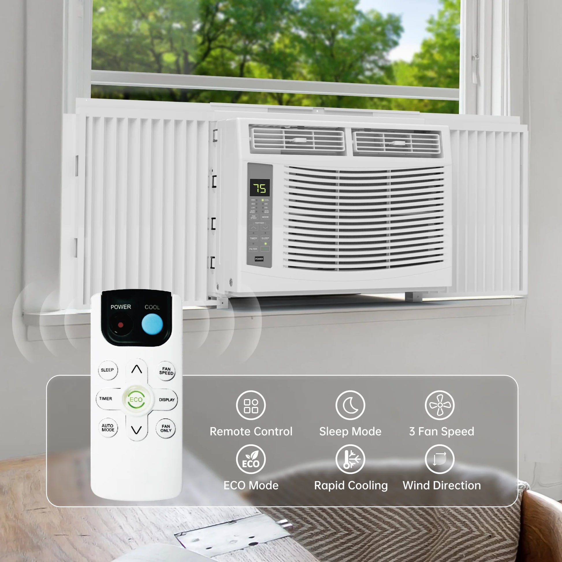 6000 BTU Window Air Conditioner Cool to 250 Sq Ft Intelligent, Led,Remote Control, Easy to Clean Filter Screen, Can Be Used as a Dehumidifier/Fan, Operates Quietly, and Is Energy-Saving