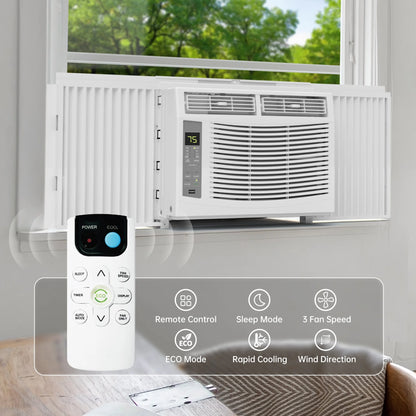 6000 BTU Window Air Conditioner Cool to 250 Sq Ft Intelligent, Led,Remote Control, Easy to Clean Filter Screen, Can Be Used as a Dehumidifier/Fan, Operates Quietly, and Is Energy-Saving