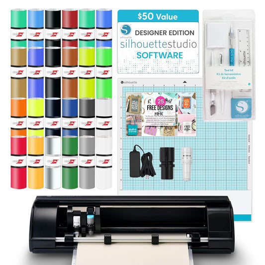 Silhouette America Cameo 5 Alpha (Α) Smart Cutting Machine, Matte Black (Starter Bundle) - Includes Designer Software, 24 Oracal Vinyl Sheets, Mat, Tool Kit & 25 Free Designs for DIY