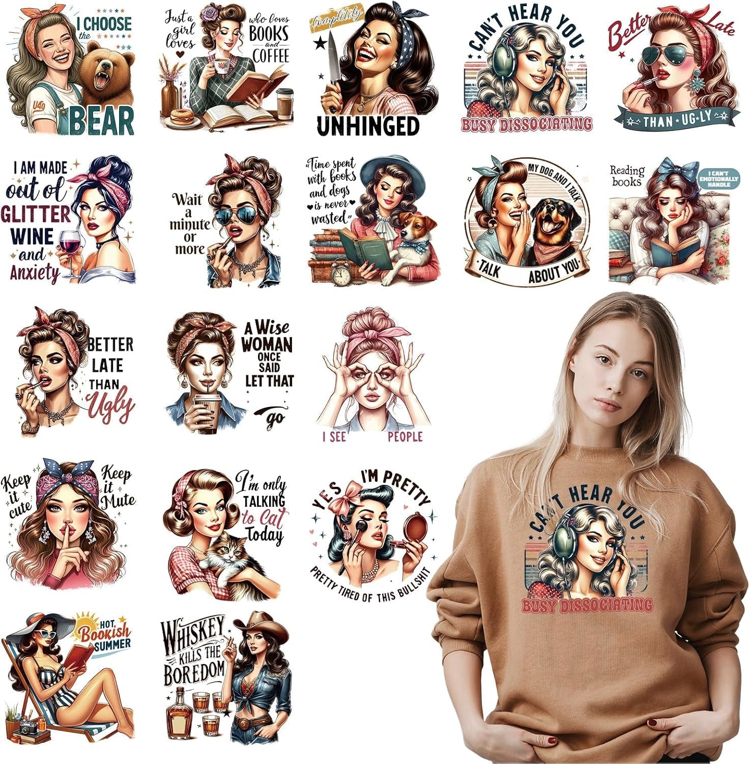 Dtf Transfers Ready to Press - 18 Pcs Sarcastic Women Iron on Transfers for T-Shirts, Funny Girl Heat Vinyl Patches Decals for Clothes, DIY Bag Pillow Decor