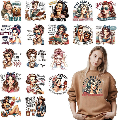 Dtf Transfers Ready to Press - 18 Pcs Sarcastic Women Iron on Transfers for T-Shirts, Funny Girl Heat Vinyl Patches Decals for Clothes, DIY Bag Pillow Decor