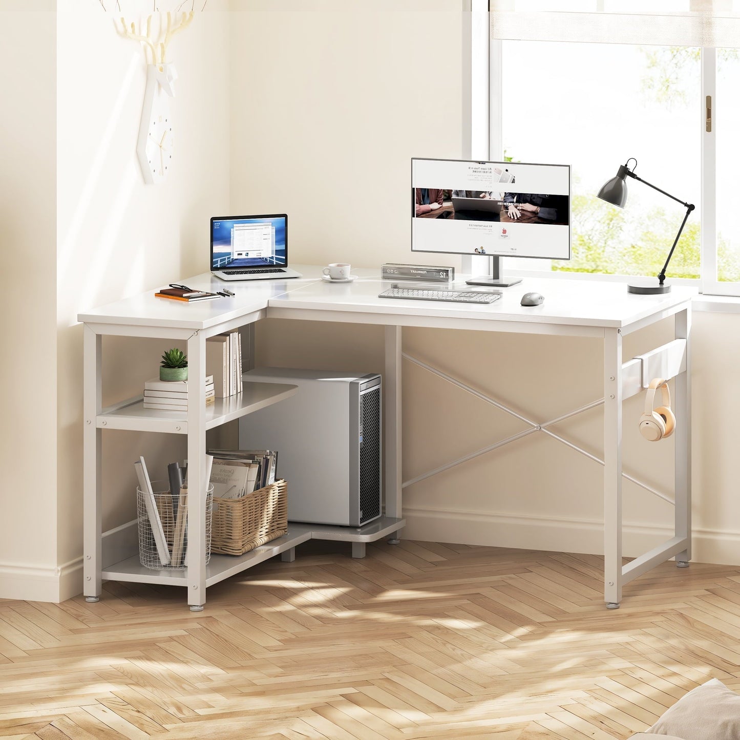 40 Inch L Shaped Computer Desk with 3 Storage Shelves, Small Reversible Corner Desk for Small Space with Hock, Home Office L-Shaped Desk, White