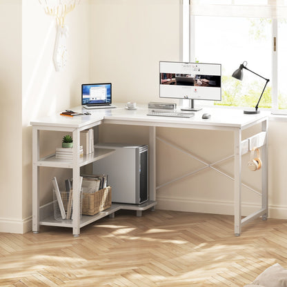 40 Inch L Shaped Computer Desk with 3 Storage Shelves, Small Reversible Corner Desk for Small Space with Hock, Home Office L-Shaped Desk, White