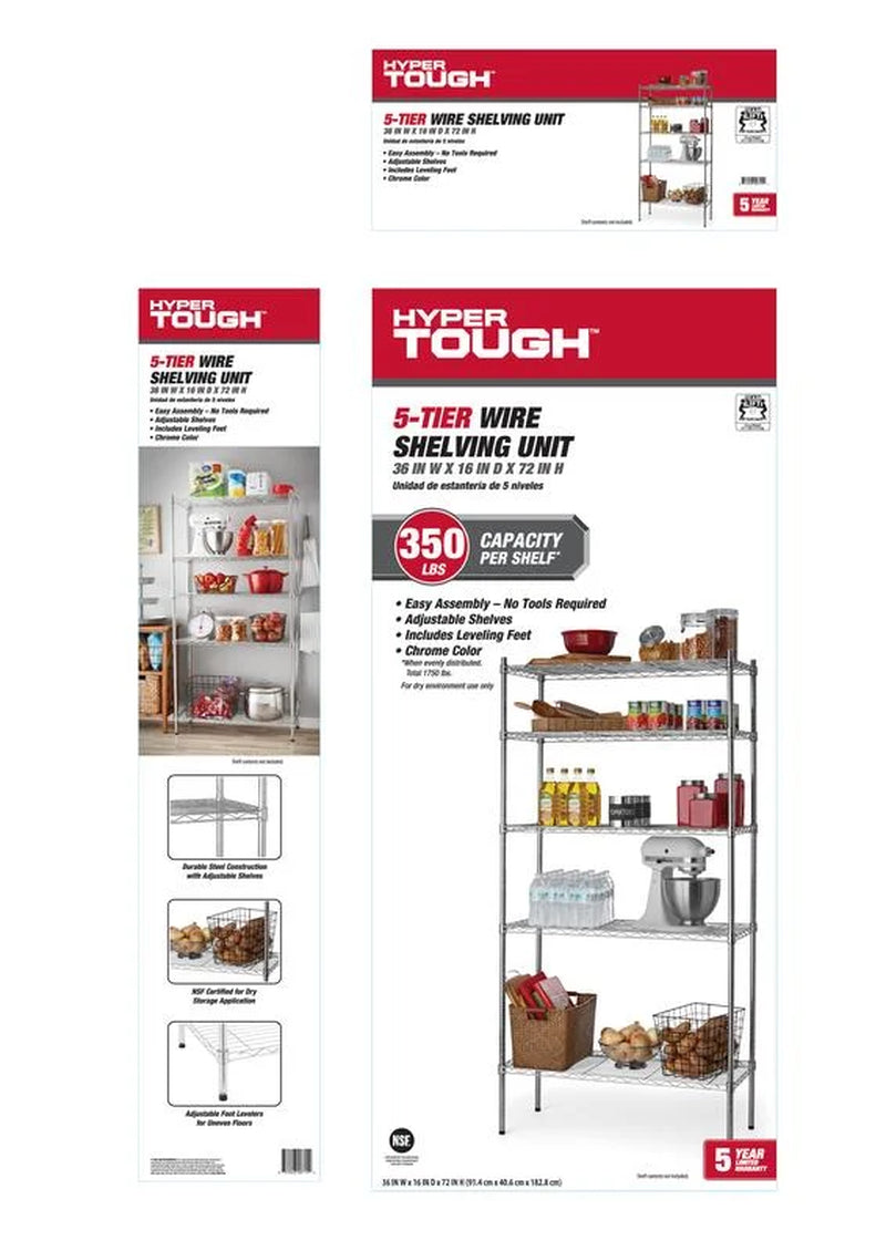 Chrome Wire 5-Tier 72" H X 36" W X 16" D, 1750Lb Total Capacity