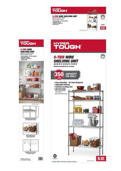 Chrome Wire 5-Tier 72" H X 36" W X 16" D, 1750Lb Total Capacity