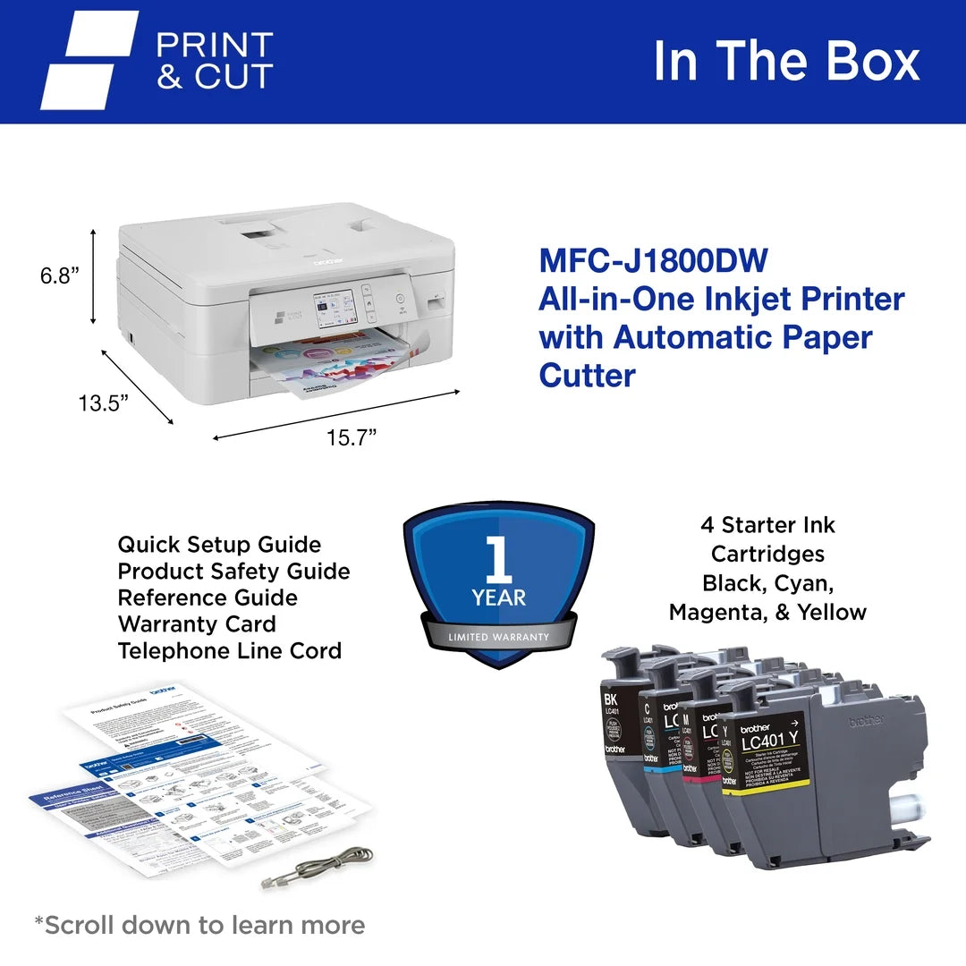 MFC-J1800DW Print & Cut Wireless All-In-One Inkjet Printer with Automatic Paper Cutter
