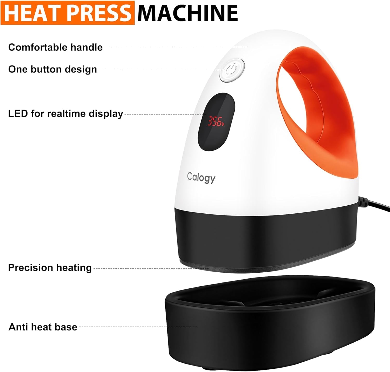 Calogy Mini Heat Press, Heat Transfer Machine, Constant Temp Control, Insulated Safety Base, Fits for Crafts, T-Shirt, Hat, Cap, Pillows (White Orange)