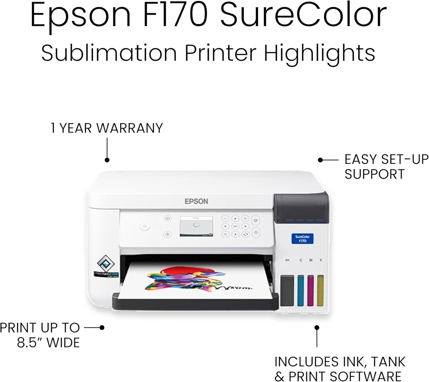 Epson Surecolor F170 Sublimation Starter Kit – Printer with CMYK Ink Set, Design Pack, 10 Sublimation Tumbler Pack, Sublimation Paper, Tape – Perfect for Beginners & Small Business