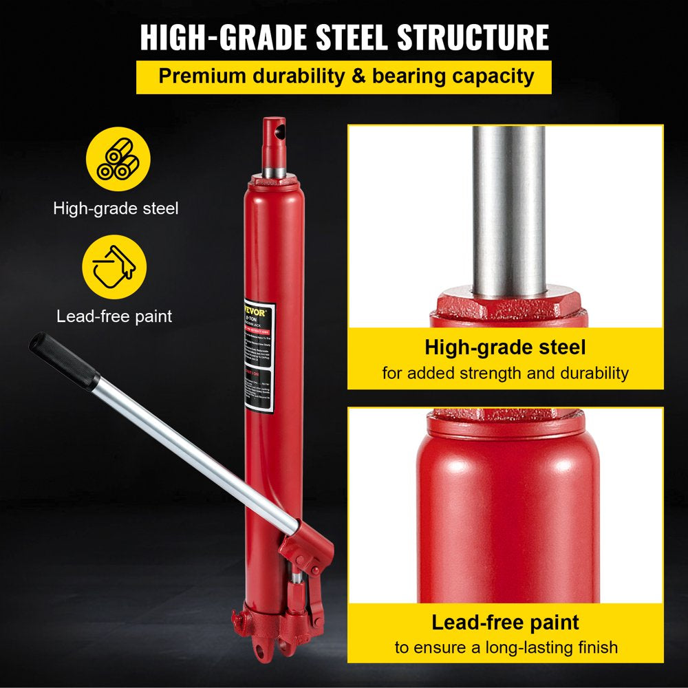 Hydraulic Long Ram Jack, 8 Tons/17363 Lbs Capacity, with Single Piston Pump and Clevis Base, Manual Cherry Picker W/Handle, for Garage/Shop Cranes, Engine Lift Hoist, Red