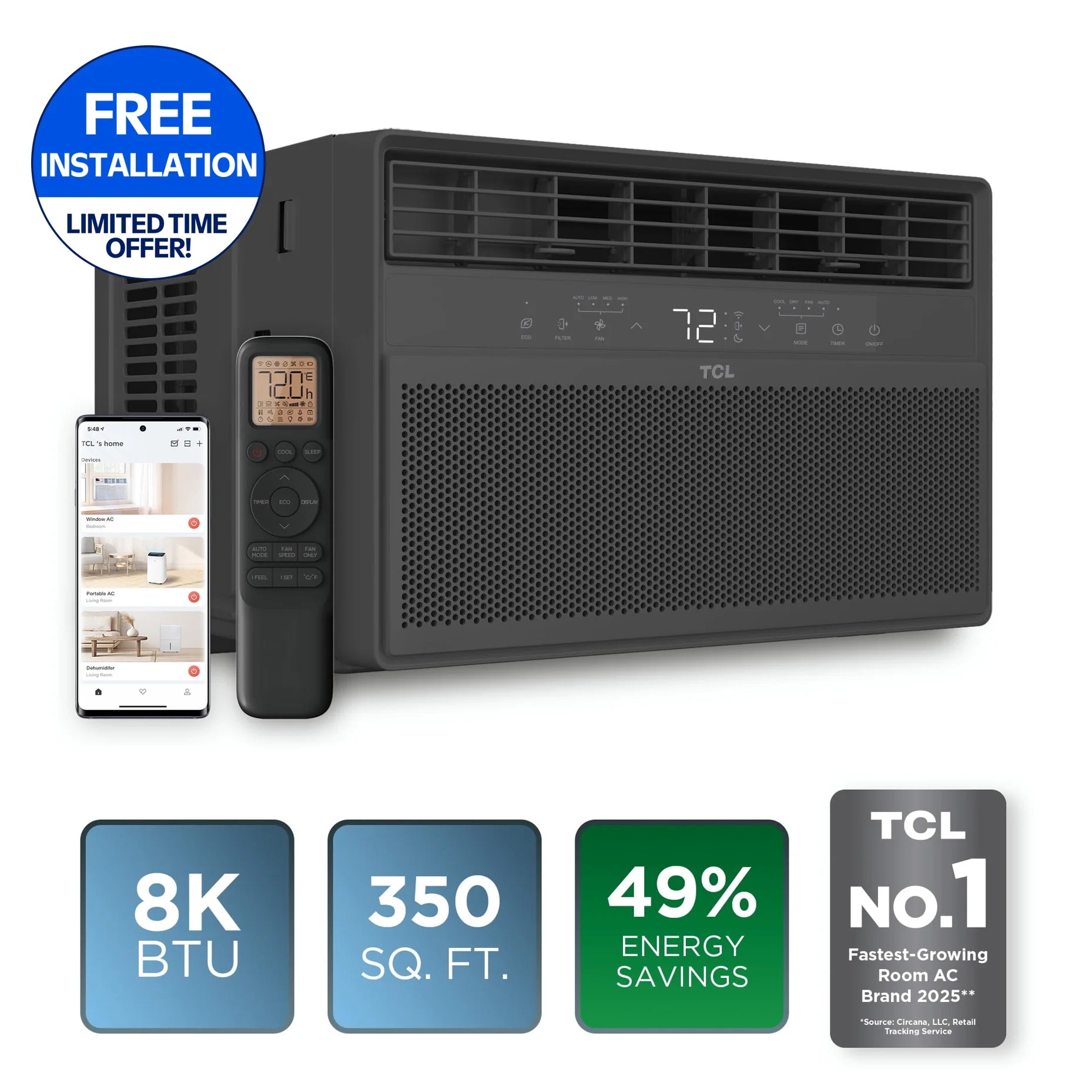 8,000 BTU Smart Inverter Window Air Conditioner (Black) - 350 Sq Ft with up to 49% Energy Savings, Quiet Cooling Tech, 3-In-1 Cooling, Fan & Dehumidifier, Matter Wi-Fi, Remote Control - W8WC72-B