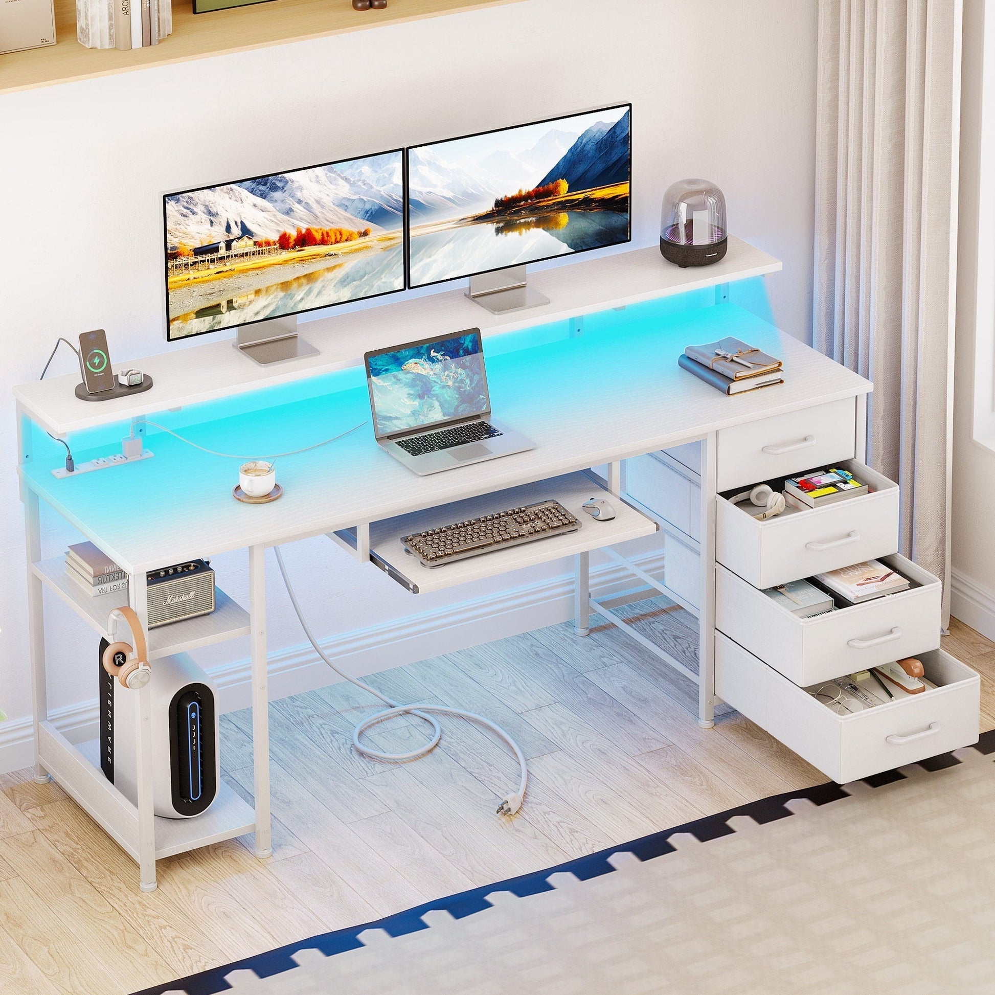 63 Inch Office Desk with Power Outlet and Adjustable Monitor Stand, Computer Desk with Fabric Drawer and Keyboard Tray, Gaming Desk with LED Light & PC Stand, Table for Bedroom with USB Ports, White