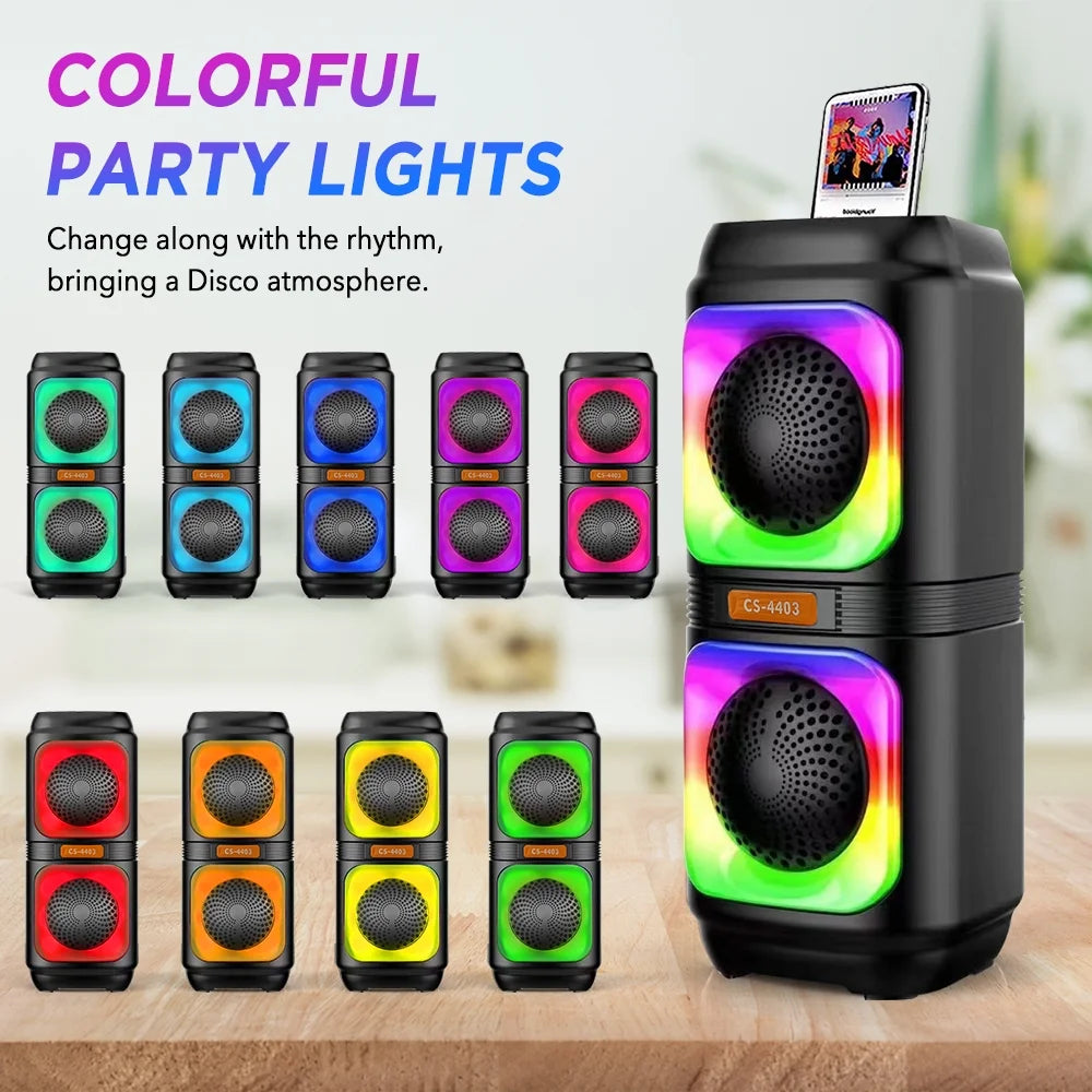 Portable Dual 4'' Speakers Bluetooth Speaker, Party Stereo Subwoofer RGB Lights Karaoke Heavy Bass with Mic (Optional),Support TWS/AUX/USB/TF Card Ideal for Party,Home,Camping