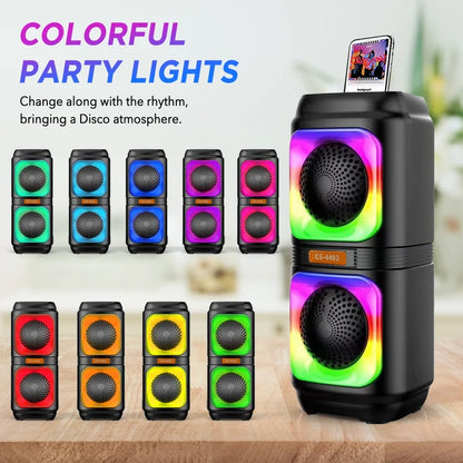 Portable Dual 4'' Speakers Bluetooth Speaker, Party Stereo Subwoofer RGB Lights Karaoke Heavy Bass with Mic (Optional),Support TWS/AUX/USB/TF Card Ideal for Party,Home,Camping