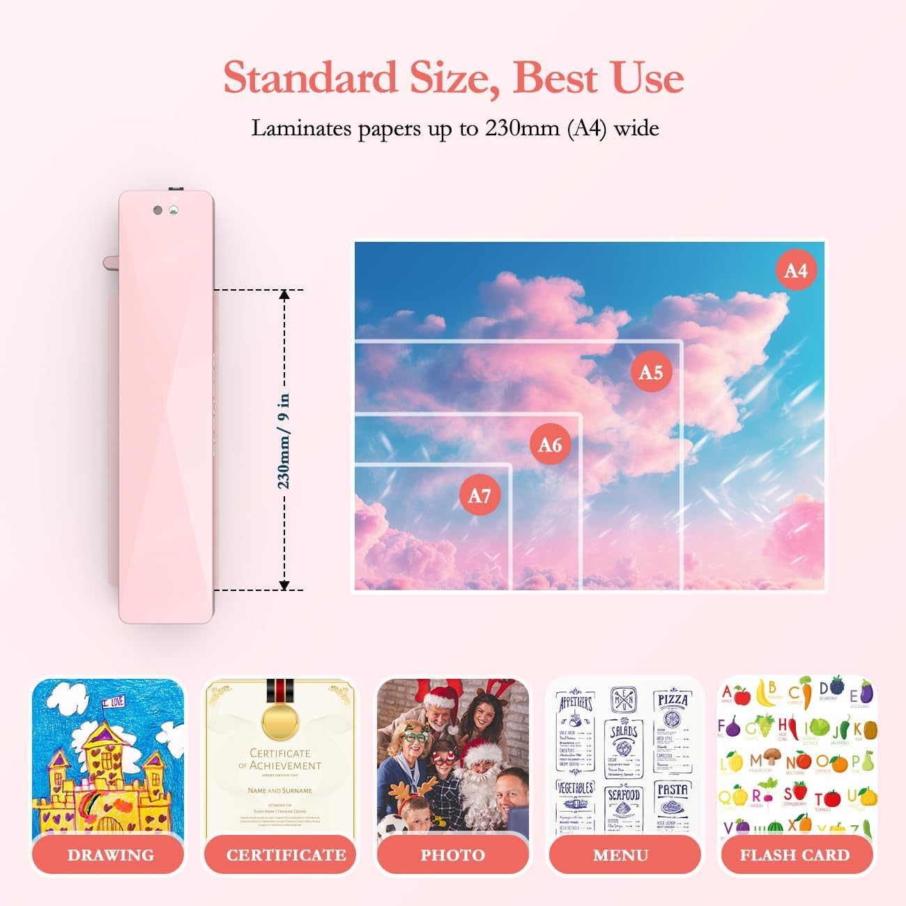 Crenova Laminator Machine with 10 Laminating Sheets, A4 Laminating Machine | Hot & Cold with Fast Warm Technology, Thermal Laminator 9 Inch for Home Office School Business Pink