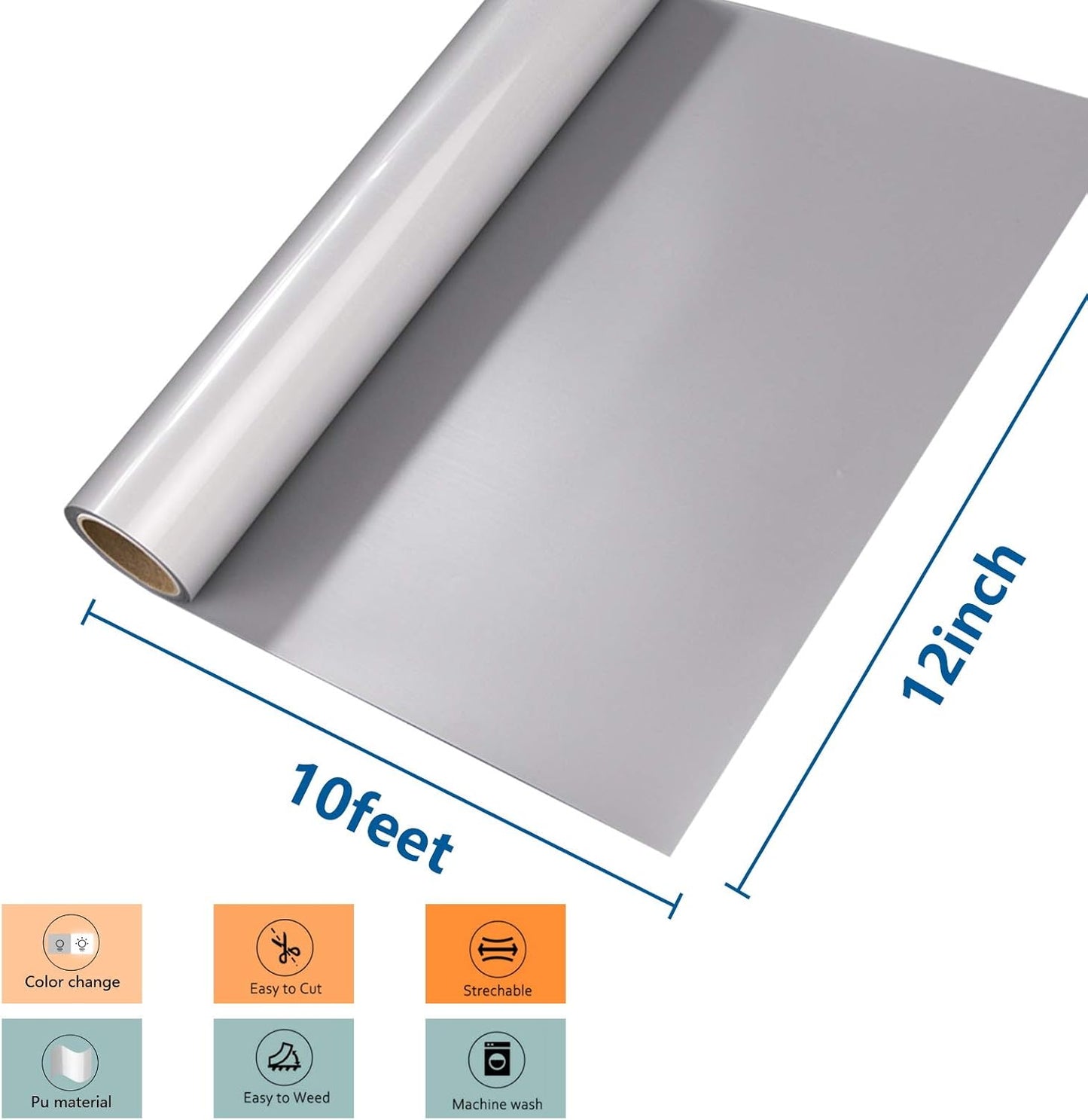 Reflective Heat Transfer Vinyl HTV Roll: 12"X10' Silver Iron on Vinyl Roll for T-Shirt (Light Grey)