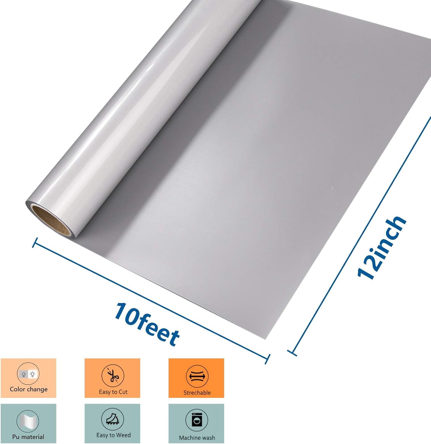 Reflective Heat Transfer Vinyl HTV Roll: 12"X10' Silver Iron on Vinyl Roll for T-Shirt (Light Grey)