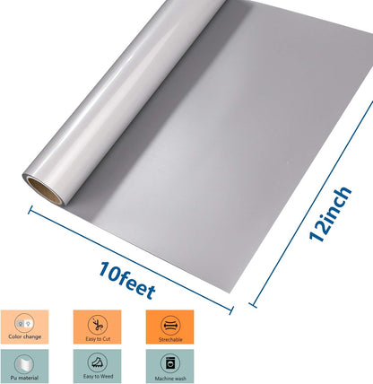 Reflective Heat Transfer Vinyl HTV Roll: 12"X10' Silver Iron on Vinyl Roll for T-Shirt (Light Grey)