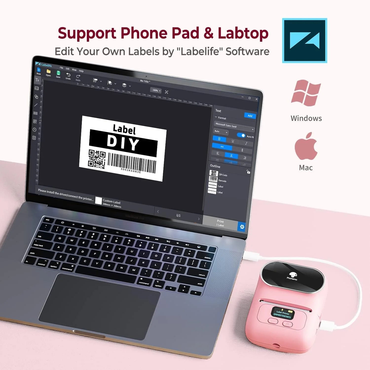 M110 Thermal Label Printer - Portable Bluetooth Address Label Maker for Small Business, Barcode & Retail, Compatible with Phones & PC (Pink)