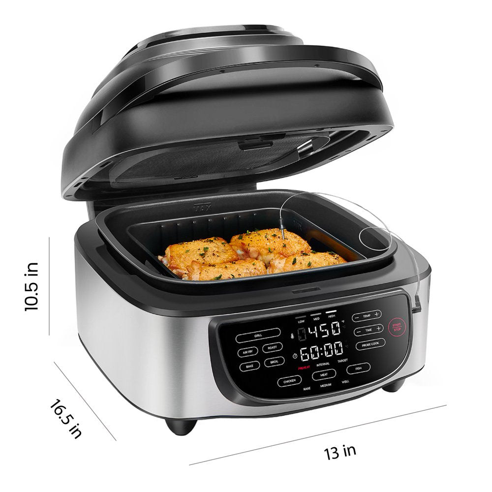 5-In-1 Air Fryer + Indoor Grill with Cooking Thermometer, 7.4Qt Capacity, Stainless Steel