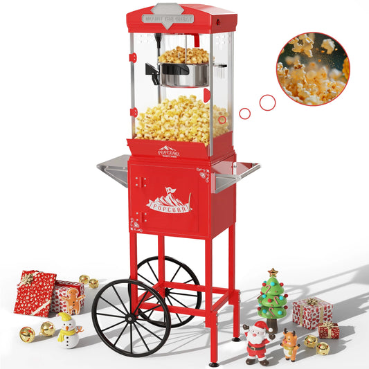 10 OZ Popcorn Machine, Professional Vintage Commercial Popcorn Maker Machine with Cart, Makes up to 60 Cups, Removable Kettle, Movie Theater Style for Home, Gift for Christmas and Family, Retro Red
