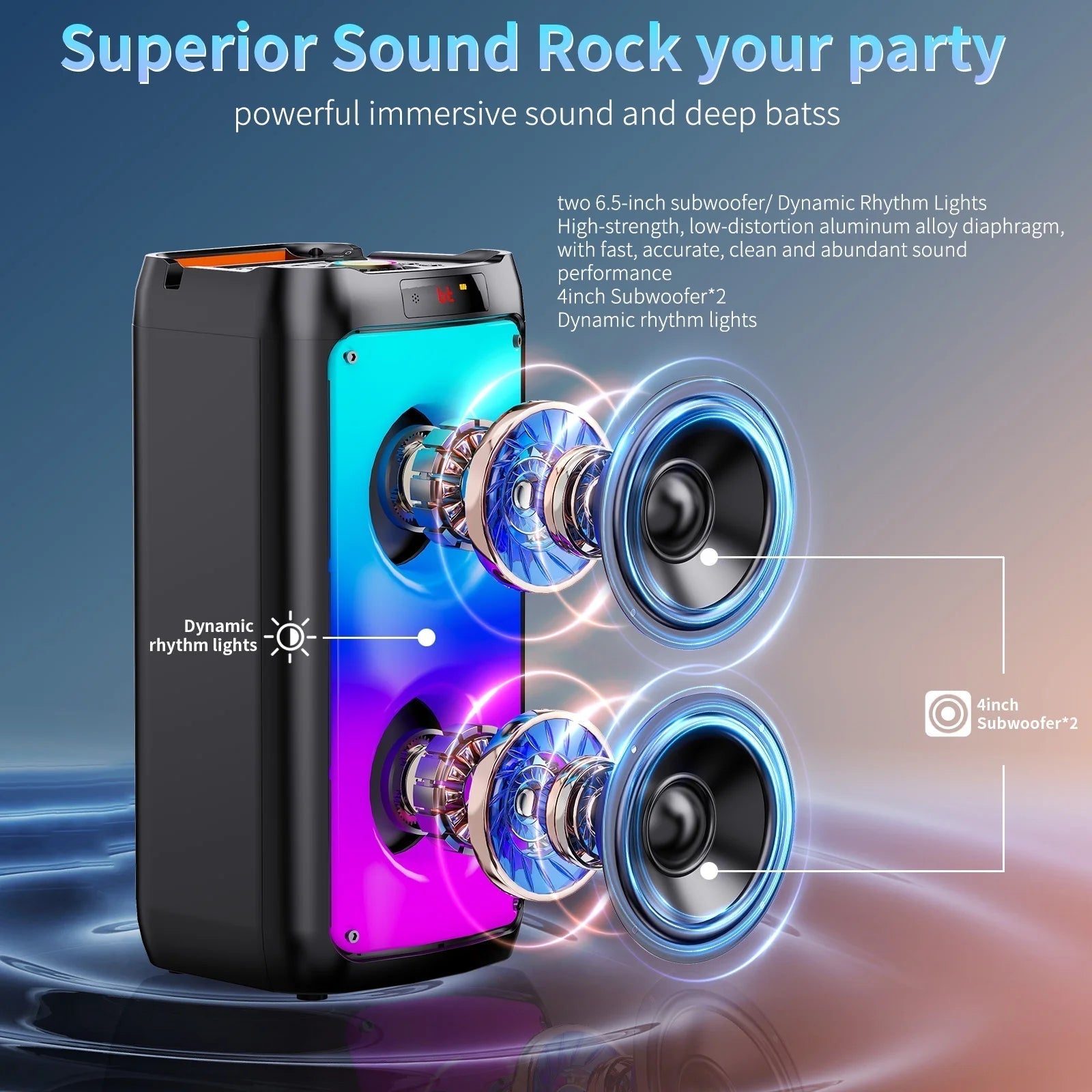Party Speaker, Portable Bluetooth Speaker with 2 Microphone, Stereo Bass Speaker for Christmas Party
