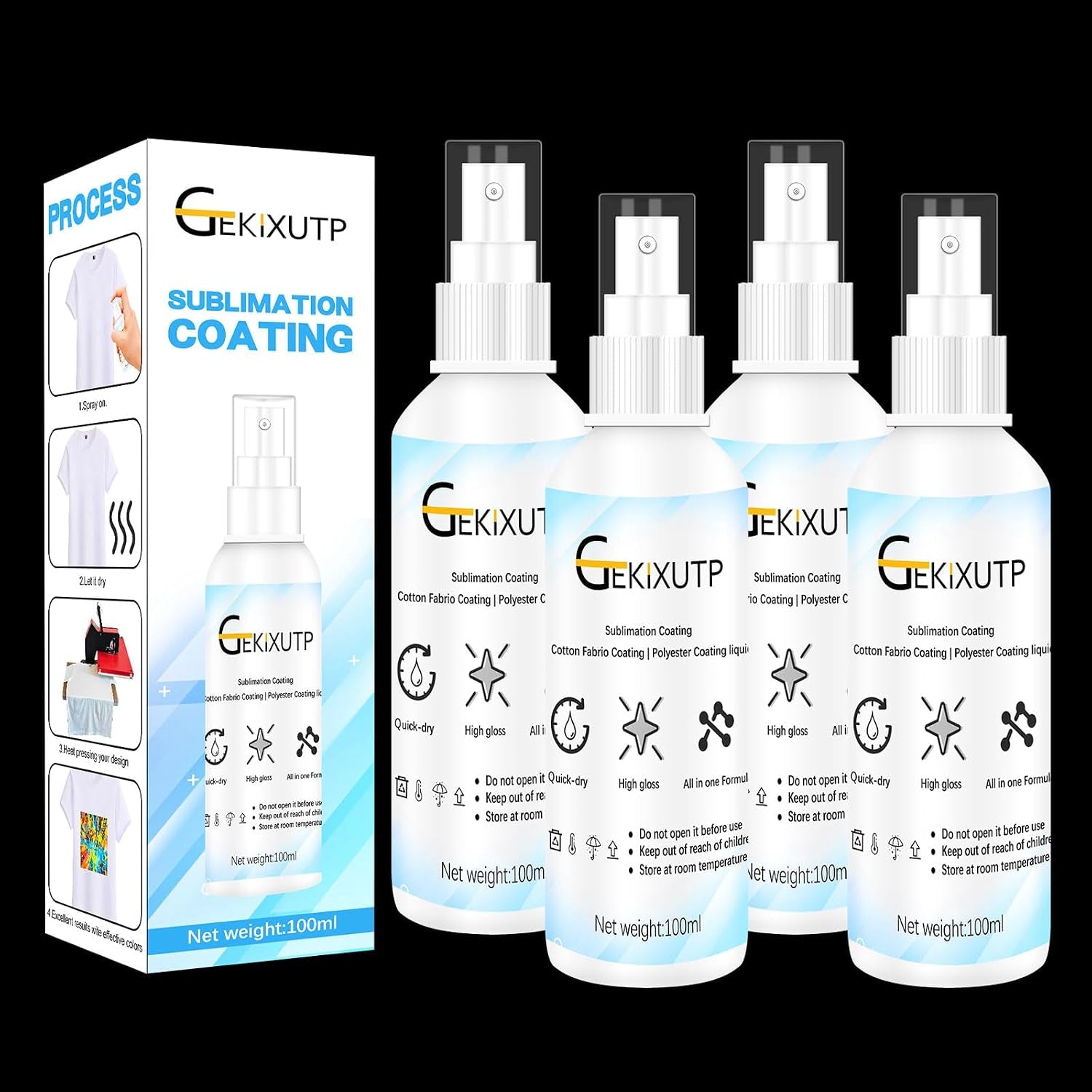 4 X 100Ml Sublimation Spray for Cotton Tshirts，Sublimation Coating Spray for T-Shirts, Canvas, Polyester Fabric，Quick Dry, High Gloss，Polyester Spray for Sublimation (4 Pcs Sublimation Coating Spray)