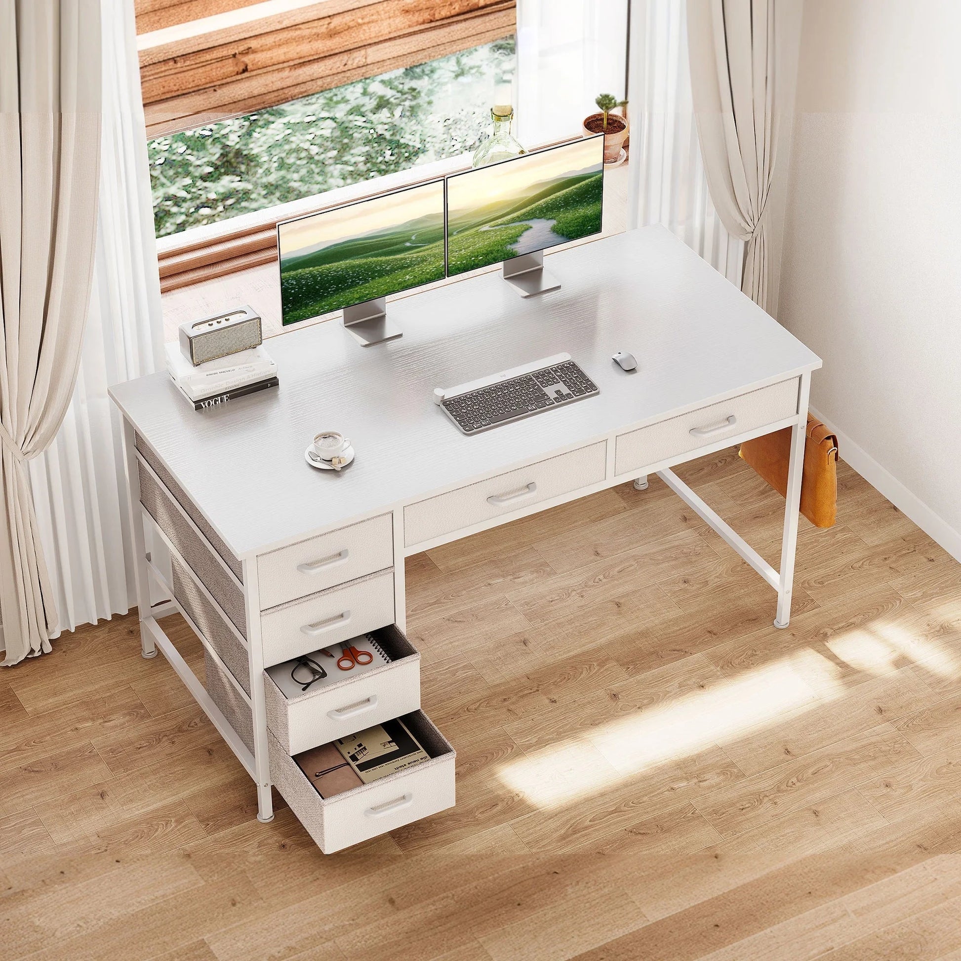 48" Home Office Desk with 6 Drawers, Modern Computer Desk with Small Space, Corner Computer Desk, Pure White