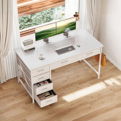 48" Home Office Desk with 6 Drawers, Modern Computer Desk with Small Space, Corner Computer Desk, Pure White
