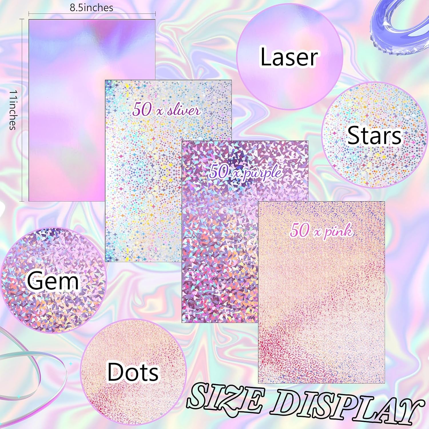 Kosiz 100 Sheets Metallic Holographic Card Stock Shiny Glitter Cardstock Iridescent Mirror Paper 8.5 X 11'' 250 GSM Thick Mixed Color Foil Paper for Scrapbook Letter Poster Craft(Colorful)