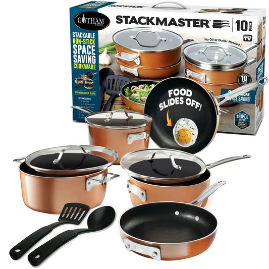 Pots and Pans Set Stackable Nonstick Copper Cast Cookware Set 10Pcs