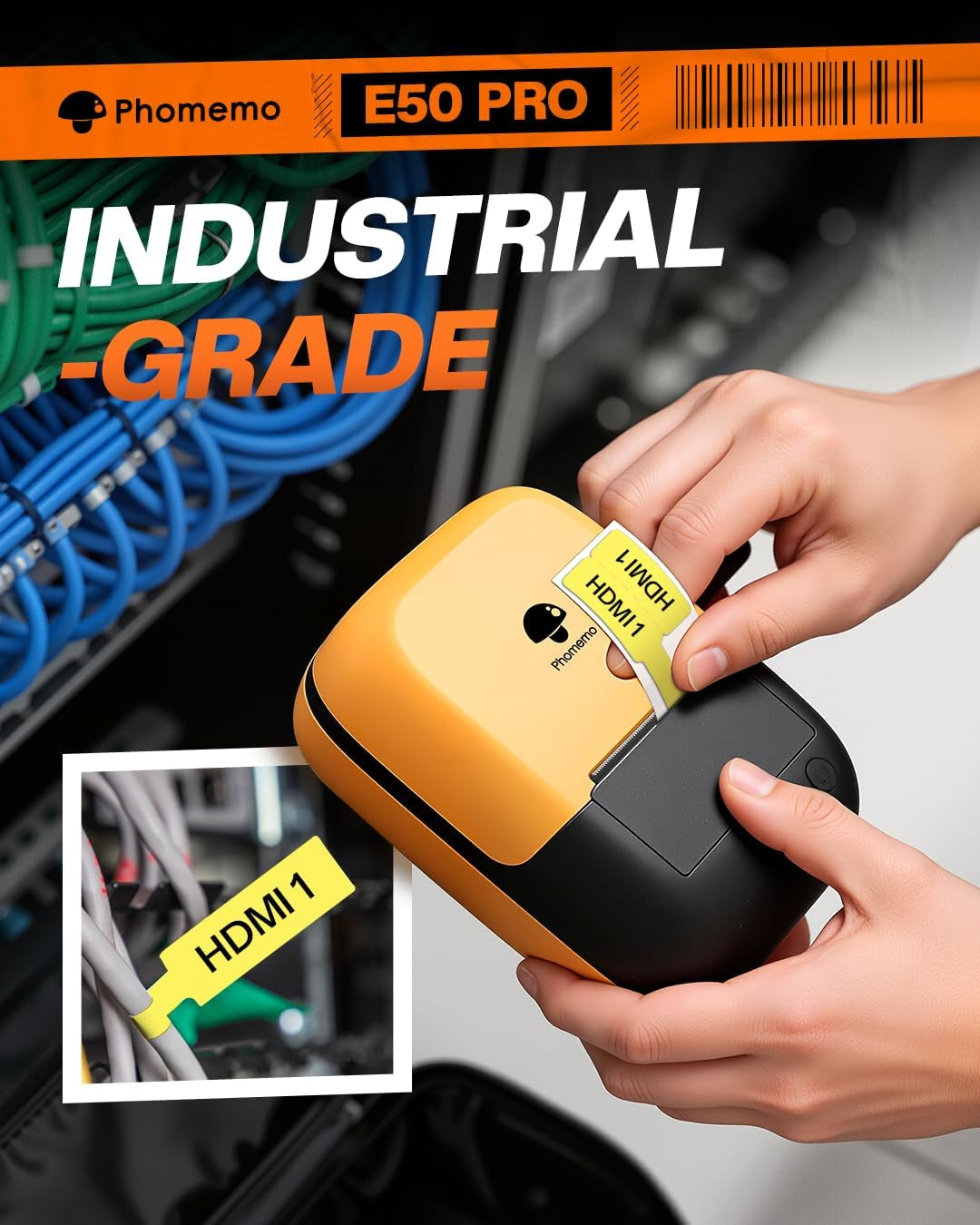 Phomemo Industrial Label Maker, 2" Bluetooth Portable Label Printer, Compatible Whith Mobile APP & PC Editor, Rechargeable 2600Mah, Wire and Cable Labeling Machine