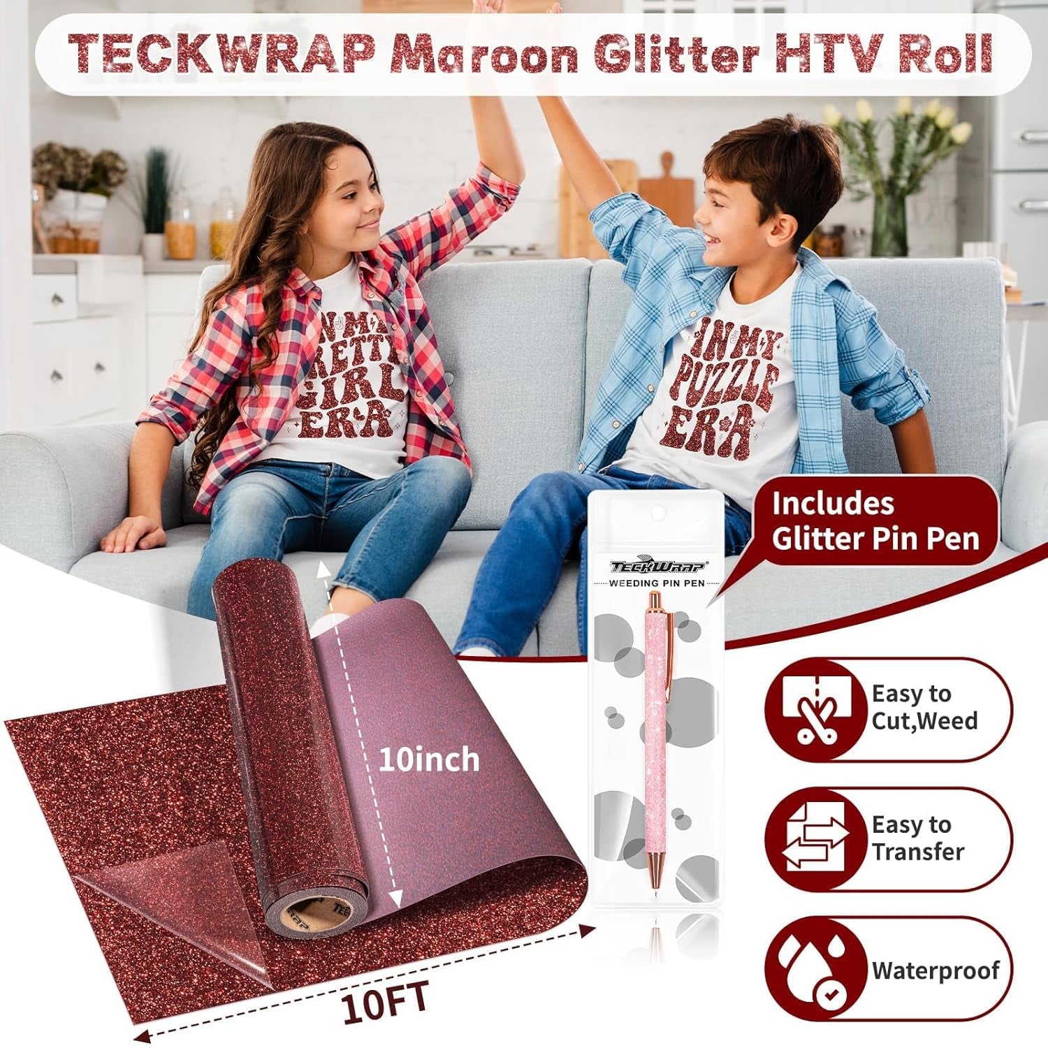 Maroon Glitter HTV Heat Transfer Vinyl Roll 10" X10Ft Iron on Vinyl for T Shirts DIY Crafts Sparkly Glitter HTV Vinyl Heat Transfer Includes Glitter Pin Pen