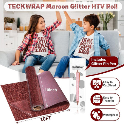 Maroon Glitter HTV Heat Transfer Vinyl Roll 10" X10Ft Iron on Vinyl for T Shirts DIY Crafts Sparkly Glitter HTV Vinyl Heat Transfer Includes Glitter Pin Pen