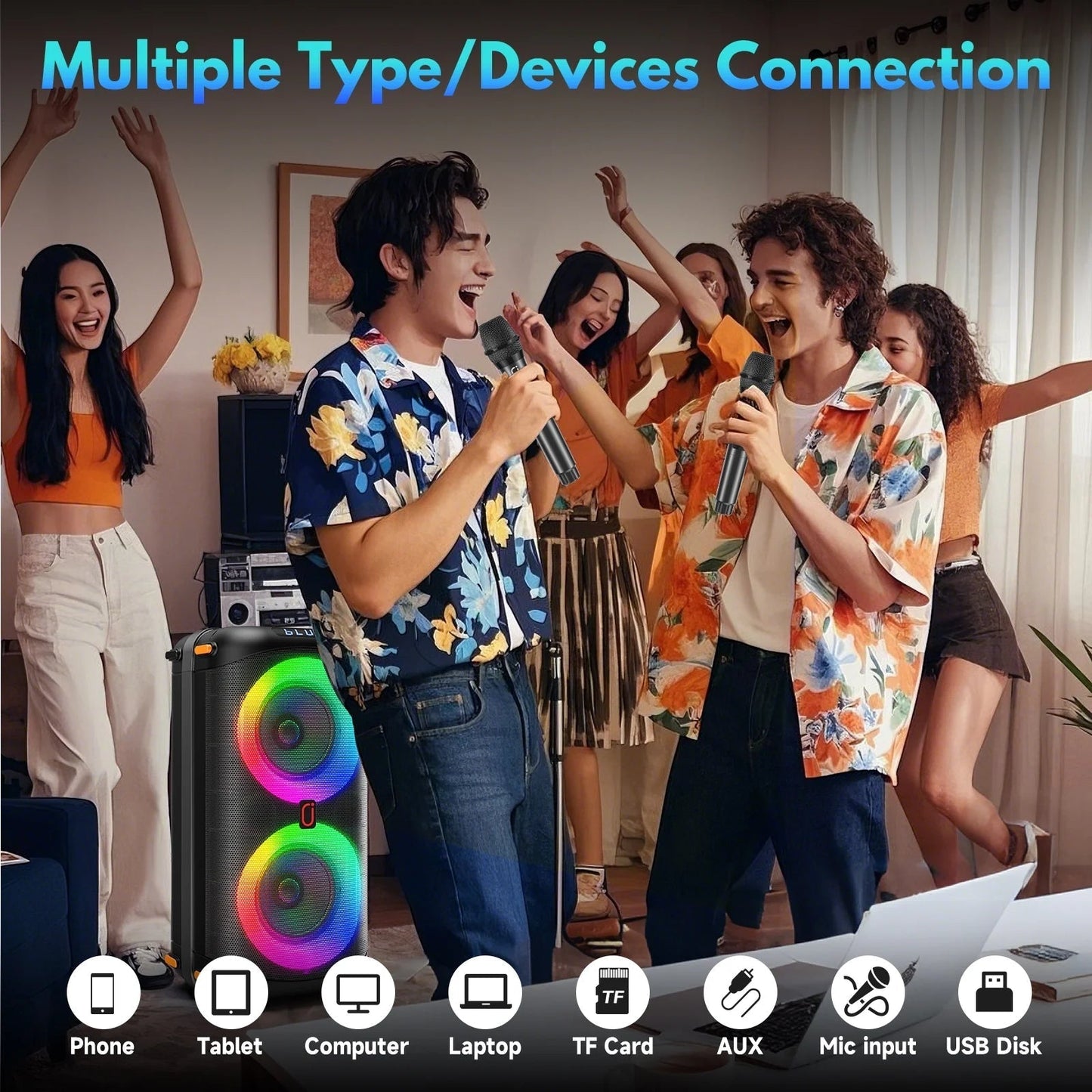 Bluetooth Party Speaker, Dual 6.5'' Subwoofer Loud Portable Speaker with 2 Microphones, T27-T