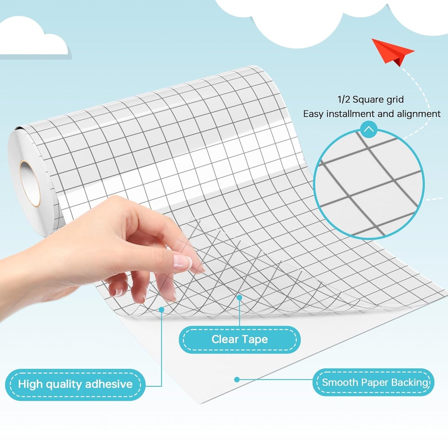 Clear Vinyl Transfer Paper Tape Roll - Medium Tack Gray Grid for Crafting, Compatible Glee S501 for Decals, Signs, Windows & Stickers (5.5In X 50Ft)