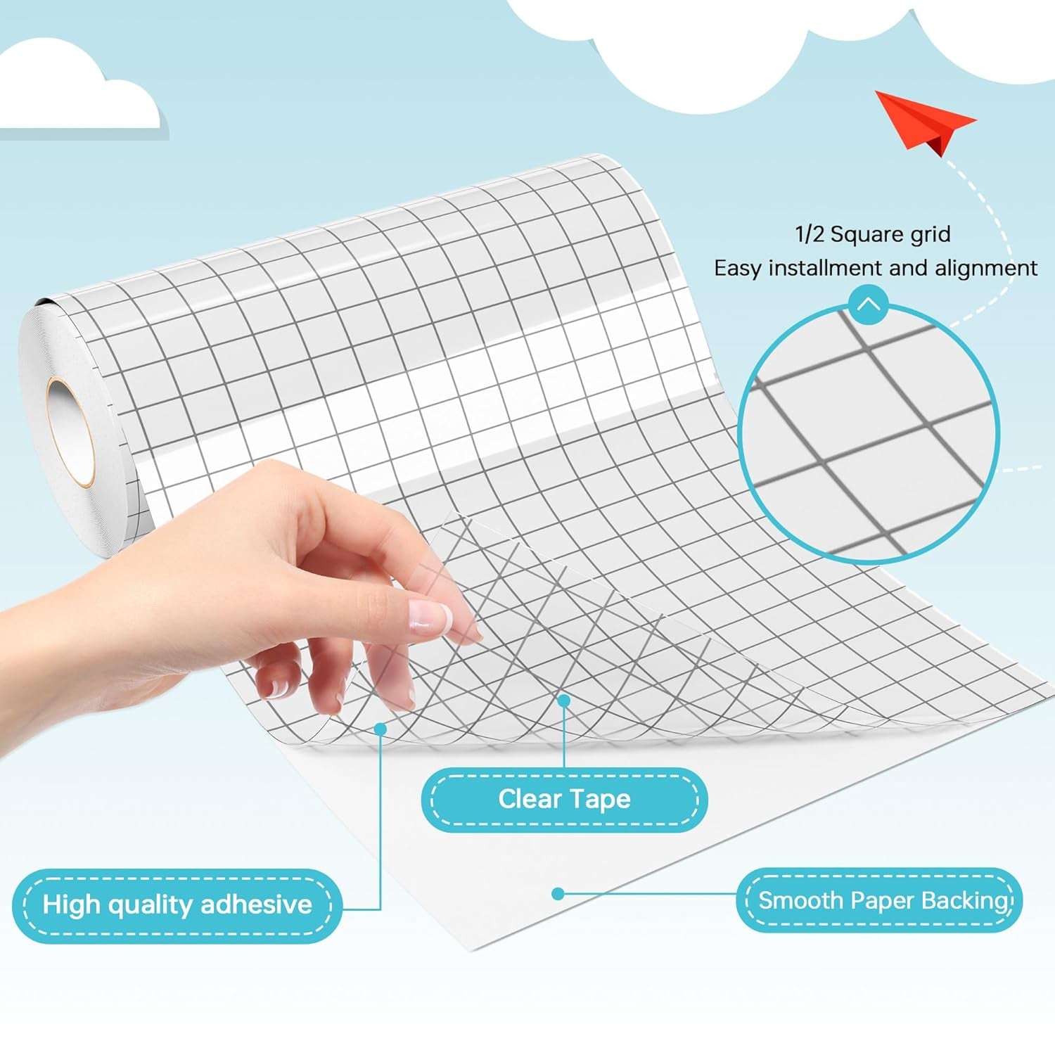 Clear Vinyl Transfer Paper Tape Roll - Medium Tack Gray Grid for Crafting, Compatible Glee S501 for Decals, Signs, Windows & Stickers (5.5In X 50Ft)