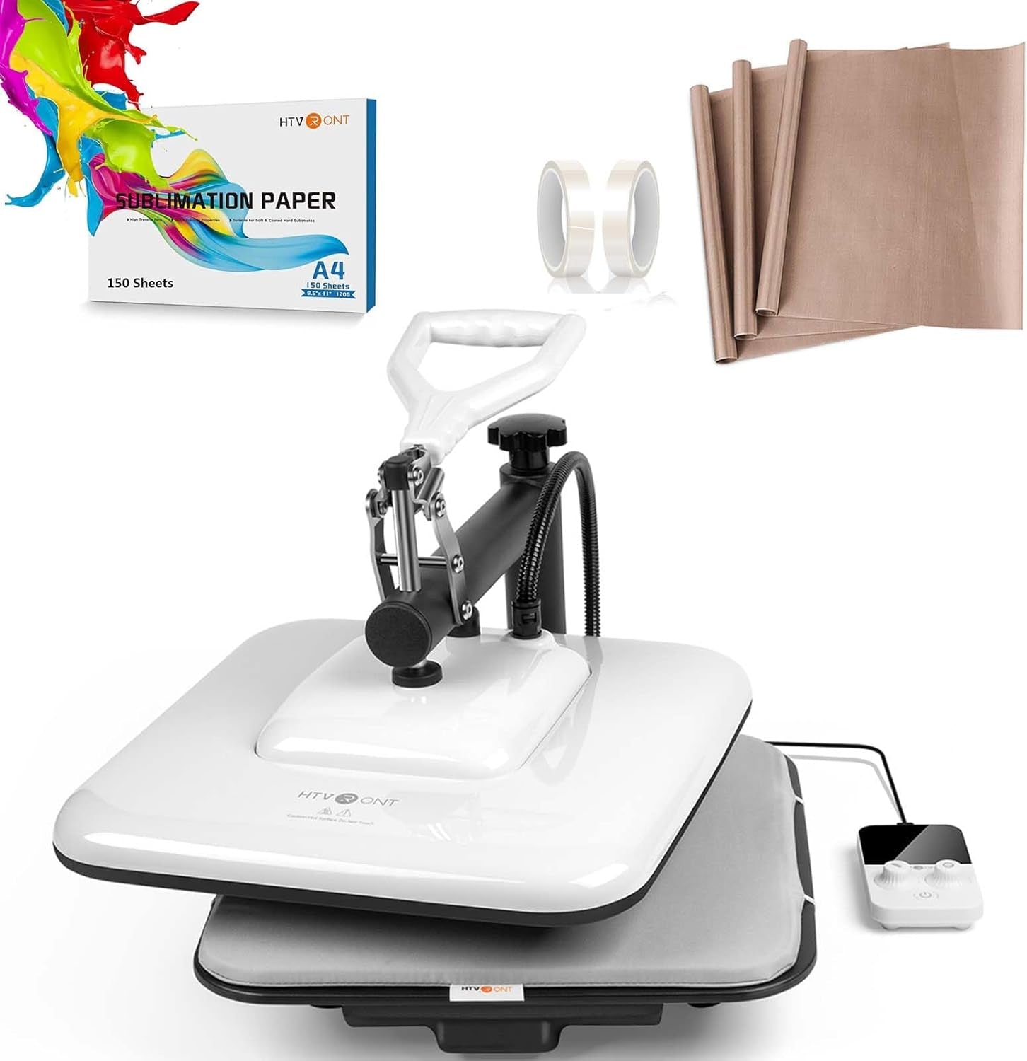 Heat Press Machine, 3Pcs Teflon Sheets, 150Pcs A4 Sublimation Paper, 2Pcs 20Mm Heat Resistant Tape