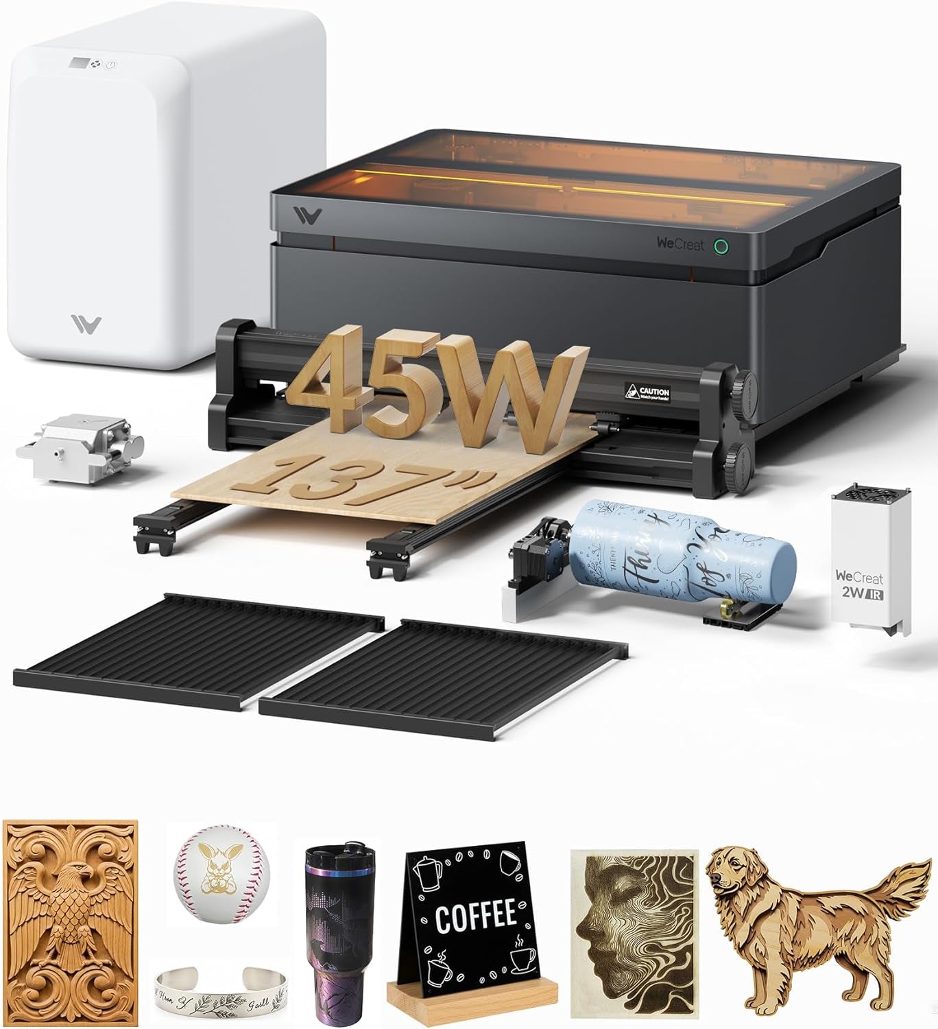 Vision Pro 45W Laser Cutter and Engraver Machine, with 2W IR Laser Module, 137” Auto Conveyor Feeder, Fume Extractor, Full Enclosure Laser Engraver for Jewelry Art Designer Small Business