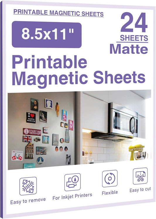 Printable Magnetic Sheets 8.5X11 Inches Matte Magnet Paper Sheet 24 Pcs Non Adhesive Magnetic Paper for Inkjet Printers, Flexible Magnet Photos for DIY Crafts
