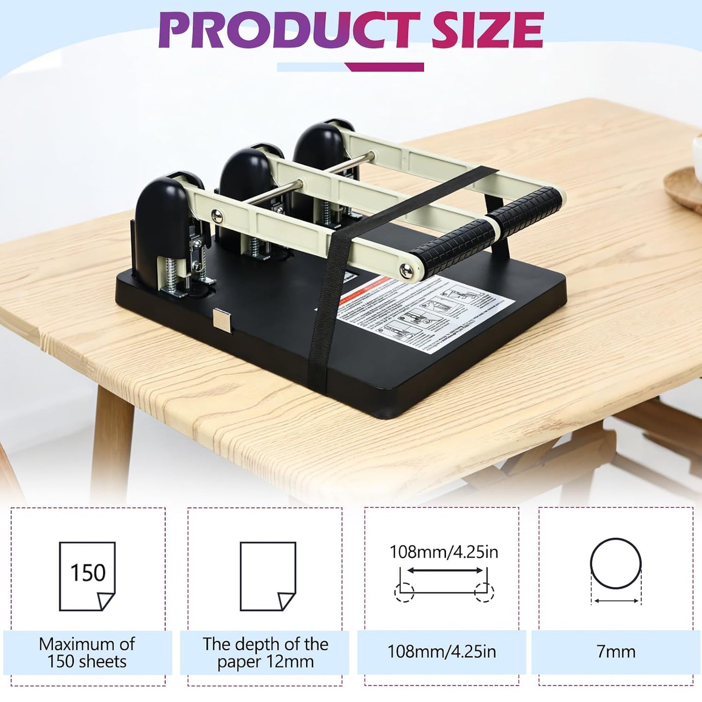 3 Hole Paper Punch, 150 Sheet Capacity Heavy Duty Metal, Ergonomic Lever Handle, Large Tray, Replaceable Cutter Head, 3 Hole Puncher for Binder, for Office, Home, Print Shop & Church​