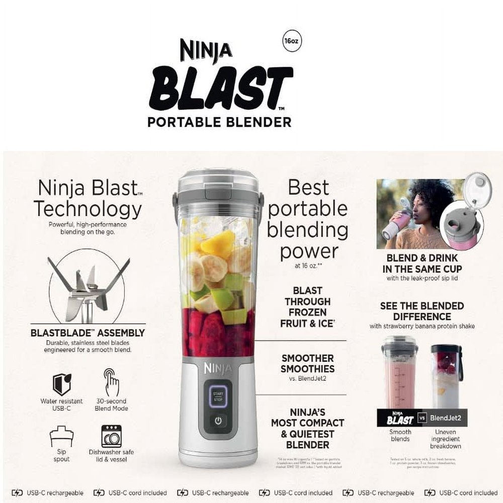 Blast 16 Oz. Personal Portable Blender with Leak Proof Lid and Easy Sip Spout, Perfect for Smoothies, White, BC100WH