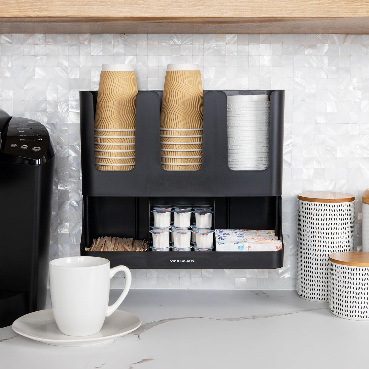 Mind Reader Cup and Condiment Station, Countertop Coffee Bar Organizer with 6 Compartments, Storage Caddy for Cups Lids and Packets, Plastic, Black
