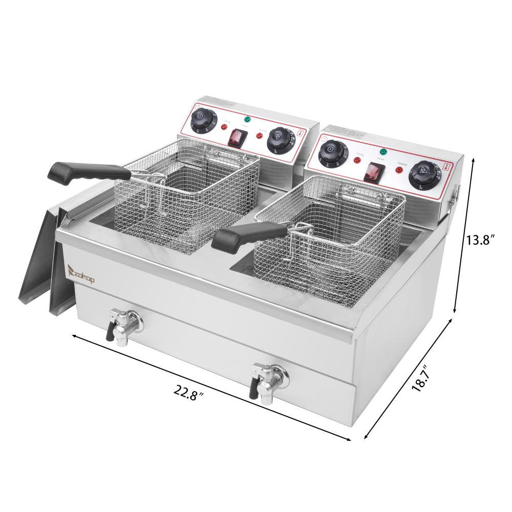 3000W 23.6L 24.9QT Electric Deep Fryer Commercial Restaurant Fry Basket 2 Tank