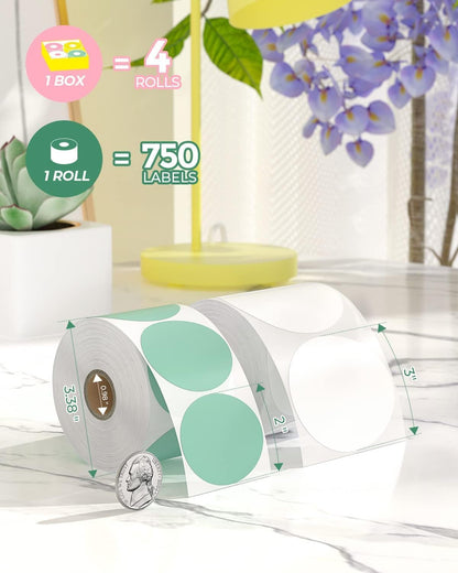 MUNBYN 2 Inch Color Circle Thermal Sticker Label, Self-Adhesive round Direct Thermal Label for Logo Design, QR Code, White Pink Green Yellow, 3000 Sheets/4 Rolls