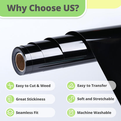 Black HTV Vinyl Roll - 12" X 10Ft Black Iron on Vinyl for All Cutting Machines, Heat Transfer Vinyl Rolls for T Shirts - Easy to Cut & Weed for Heat Vinyl Design