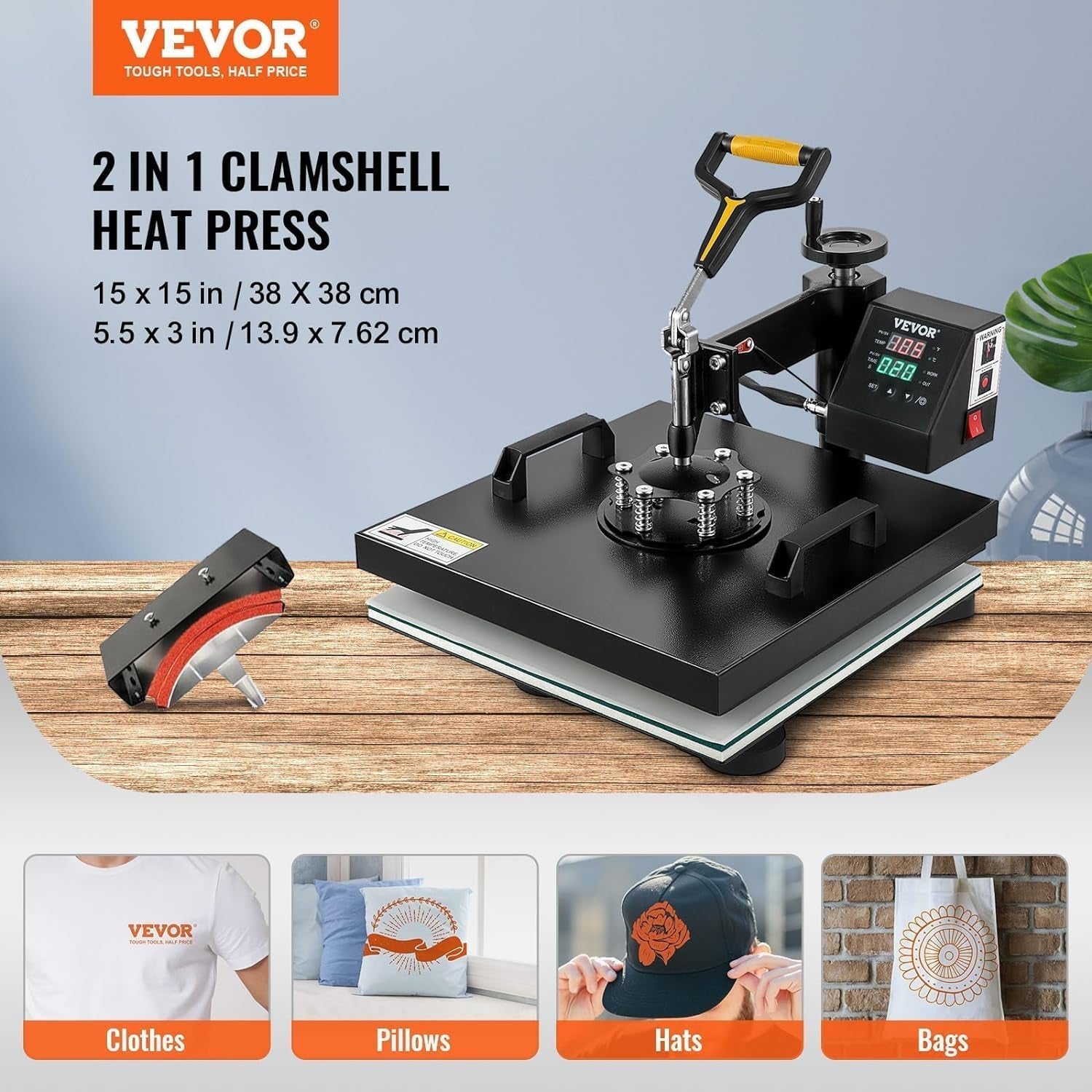 2 in 1 Heat Press Machine 15X15 Inch, 360° Swing Away Digital Tshirt Press Machine, Clamshell Heat Transfer Sublimation for Printing T-Shirt Hat Cap Pillow Bag