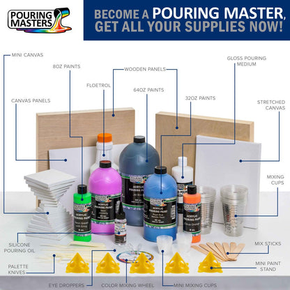 Pouring Masters 36-Color Ready to Pour Acrylic Pouring Paint Set with Silicone Oil & Gloss Medium - Premium Pre-Mixed High Flow 2-Ounce & 8-Ounce Bottles - for Canvas, Wood, Paper, Crafts, Tile