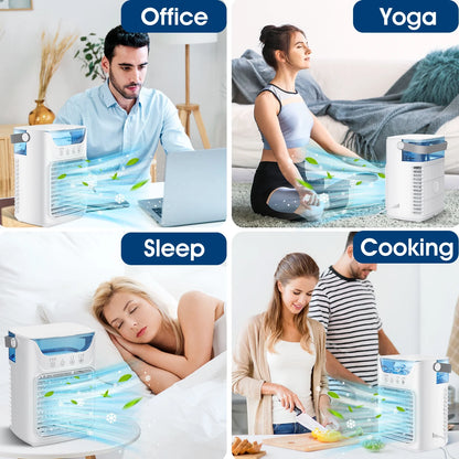 Portable Air Conditioner, Personal Air Conditioner, Tabletop Mini AC, 3 in 1 Evaporative Air Cooler with 3 Speeds, 2 Mist Spray, 7 Color Ambient Lights, 24Oz Removable Water Tank for Bedroom Office
