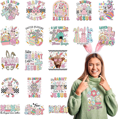 Dtf Transfers Ready to Press - 20 Pcs Easter Iron on Transfers for T-Shirts, Jesus Bunny Egg Iron on Patches Stickers, Heat Vinyl Decals for Clothes Bag DIY Crafts Fabric Decor